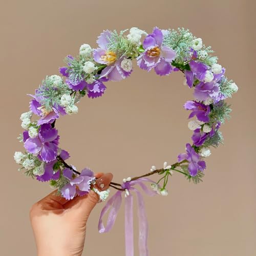 Boho Floral Crown for Women– Adjustable Faux Silk Flower Headband, Handmade Wedding Hair Accessory for Festivals & Photoshoots, Flower Hair Crown for Women (Purple White Flower, Adjustable) - color: Purple White Flower