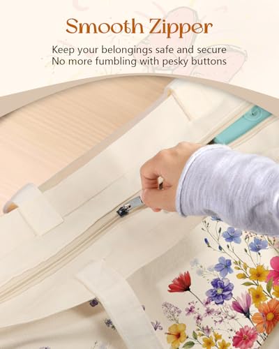 Miss Adola Canvas Tote Bag with Zipper – Cute Canvas Bags for Women Aesthetic Design Reusable Totes for Shopping Work Travel - style: Poppy Bouquet