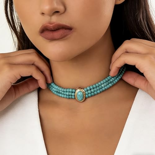 SukAmi Turquoise Choker Necklace Women 3 Layers Necklace Multi Strands Necklace 20s Turquoise Bib Pendant Necklace Choker Party Jewelry Christmas Gift 35+7cm