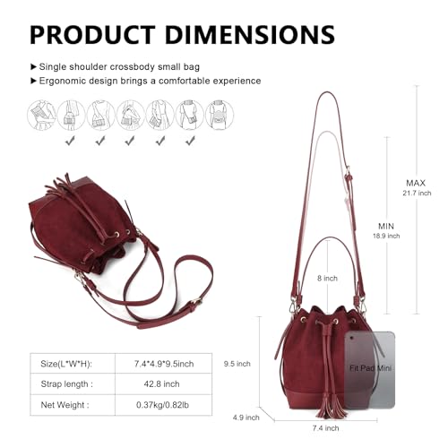 AFKOMST Faux Suede Bucket Bags and Drawstring Crossbody Purse for Women Medium Tote Handbags with 2 Shouder Straps | Fit Pad mini, Long Wallet, Removable Long Strap - color: Burgundy