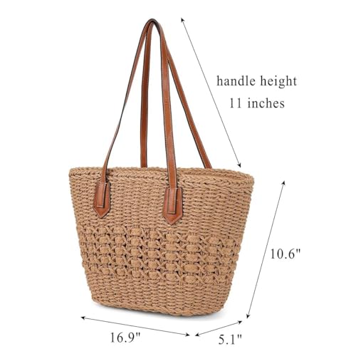 Women's Straw Shoulder Bag Large Rattan Woven Totes Summer Travel Beach Handbag Handmade Top Handle Purse - color: Beige