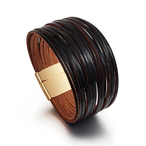 Edoneery Leather Wrap Bracelet for Women, Boho Handmade Multi-Layer Cuff with Crystal Beads Heart, Stackable Bangle Western Jewelry Gift - style: Leather(Black)