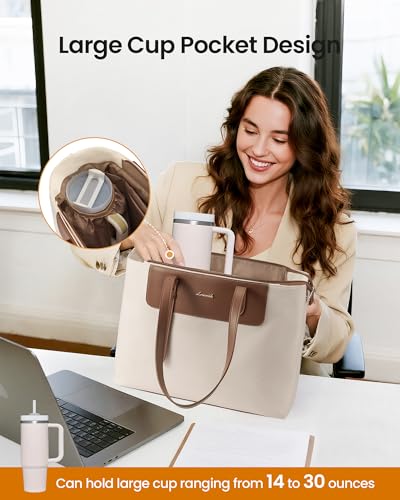 LOVEVOOK Laptop Tote Bag for Women, Water-Resistant Work Tote Bag Large Capacity Computer Bag for Travel, Nylon & PU - color: Off-white, size: 15.6Inch