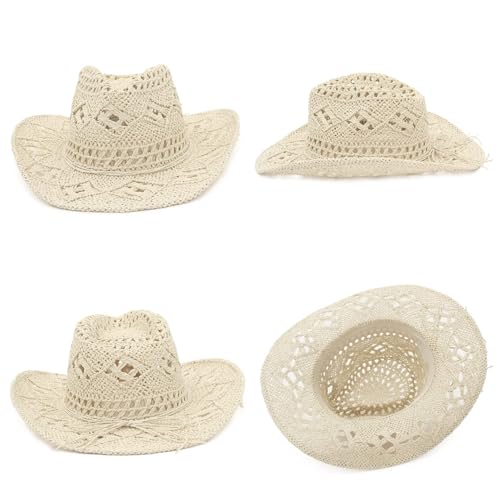 Men & Women's Summer Cowboy Cowgirl Straw Hat Hollow Out Woven Roll Up Wide Brim Sun Hat with Chin Strap - color: Beige