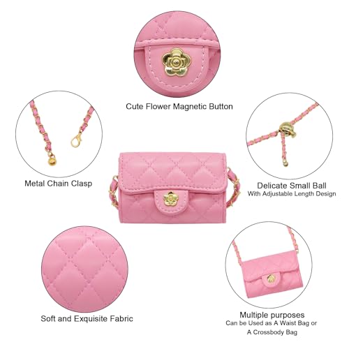 YAMEIZE Mini PU Leather Chain Belt Bag for Women Quilted Waist Purse Crossbody Fanny Pack Detachable Belt Chain - color: Rose Red - Mini (4.7x2.7 Inch)