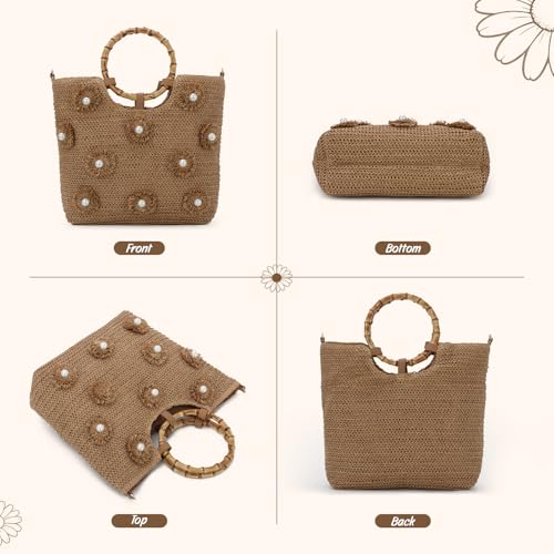 Beach Bags for Women, Summer Beach Woven Bag, Flower Pearls Straw Tote Bag for Summer Vacation - color: Khaki