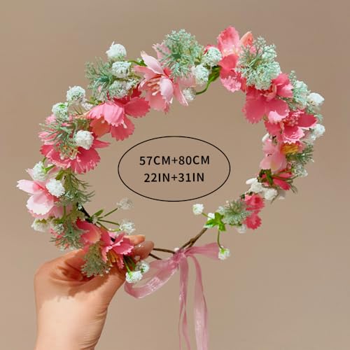 Boho Floral Crown for Women– Adjustable Faux Silk Flower Headband, Handmade Wedding Hair Accessory for Festivals & Photoshoots, Flower Hair Crown for Women (Pink White Flower Leaf, Adjustable) - color: Pink White Flower Leaf