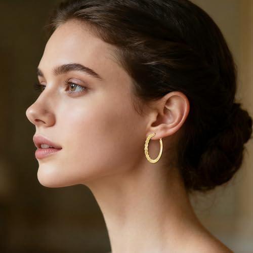 14K Gold Texture Earrings, 37/42mm Gold Hoop Earrings Classic Round Hoop Earring for Women Gold Jewelry Gift for Women - style: Texture Earring-39mm