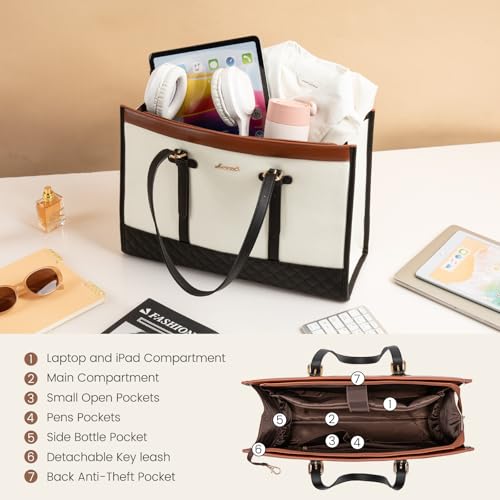 LOVEVOOK Laptop Bag for Women - 15.6 inch Canvas Laptop Tote with Clutch Purse, Office Business Briefcase, Casual Handbag for Travel, College, Teacher, School - color: Black & White & Brown, size: 15.6 inch
