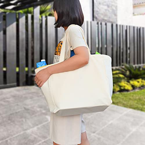 Canvas Reusable Grocery Bags Heavy Duty, 8.3 gal Foldable Large Tote Bag with Handles, Holds 60 lbs & Washable Eco-friendly Bags with 5 Pockets, Off white 1 Bags - color: [A2] Off White, size: 1 Pack