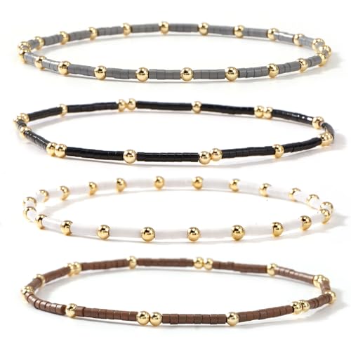 Dainty Gold Colorful Beaded Bracelets Stack for Women,4PCS Cute Bohemian Colorful Small Beads Stackable Stretch Bracelet Set Trendy Holiday Party Accessories Jewelry Gift Friendship - color: Black Grey