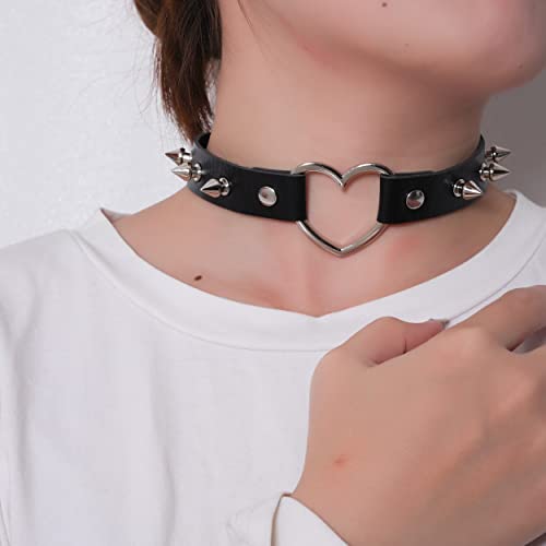 Eigso Vintage Punk Goth Studded Rivet Pu Leather Collar Choker Necklace with Spikes Adjustable - color: C-Black