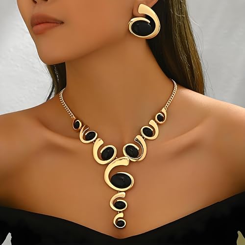 Gold Jewelry Set, Silver Black Boho Western Chunky Vintage Pendant Necklace Stack Trendy Adjustable Non Tarnish Cowgirl Dainty Hypoallergenic Earrings Jewelry Sets For Women - color: GoldSet
