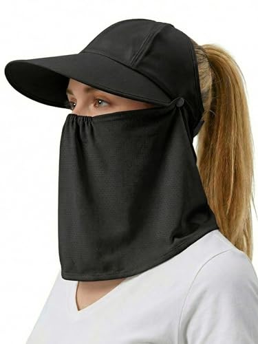 Outdoor Wide Brim Sun Hat Visor for Women, Detachable Face & Neck Cover, Hiking Gardening UPF 50+, Ponytail Friendly - color: Black