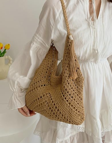Boho Straw Bags for Women Large Woven Tote Bag Straw Beach Bag Shoulder Bags Purse Handbags Summer Straw Hobo Bag - color: Khaki
