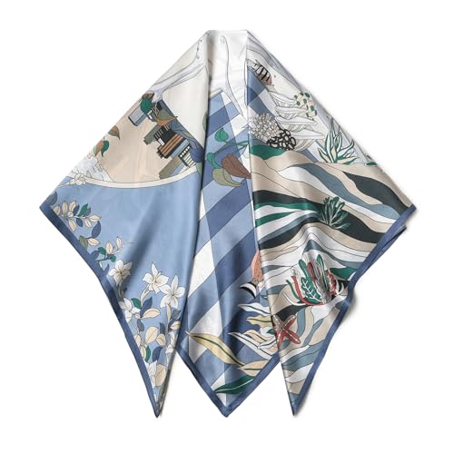 SHIROUYU 100% Pure Mulberry Silk Scarf 35" Large Square Lightweight Headscarf –Women’s Hair Wraps The shawl-With Gift Packed - color: Blue-vacation