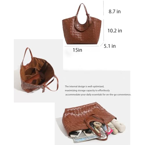 2025 Large Capacity Woven Tote Shoulder Bag for Women - Spacious Handbag for Daily Commute Travel (Brown)