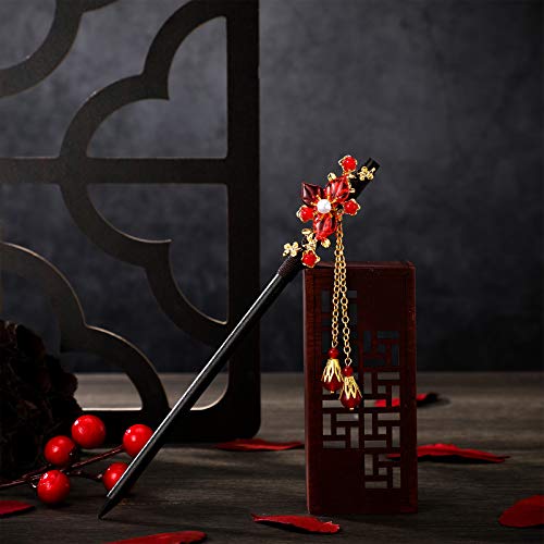 Waydress 4 Pcs Asian Hair Stick Accessories for Women Chinese Japanese Hair Chopsticks Clips Retro Geisha Red Wooden Cherry Hairpins Handmade Flower Tassel Geisha Costume for Girl(Classic Style)