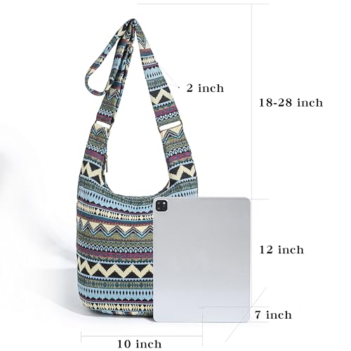 Coton Pose Women Hippie Crossbody Bag - Top Zip Large Capacity Canvas Sling Bag - Jacquard Cloth Handmade - color: Boho Green