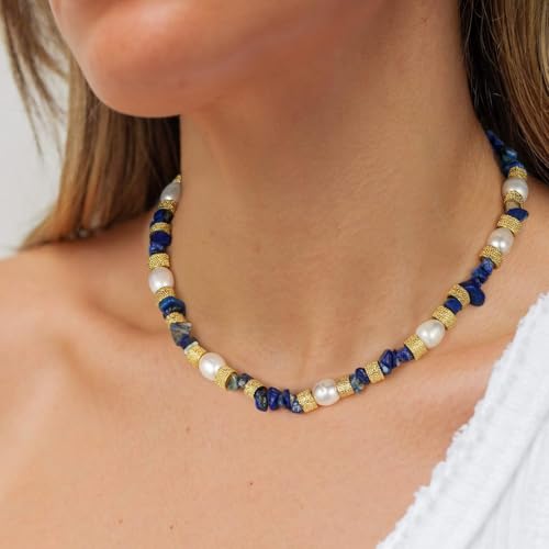 KissYan Beaded Choker Necklace for Women, Colorful Natural Gemstones Pearl Choker 14K Gold Plated Pendant Healing Crystal Necklace Handmade Stone Jewelry Gift - color: S-Lazurite