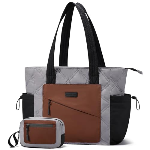 LOVEVOOK Tote Bag for Women, puffer tote bag for Work Travel Nurse, Lightweight quilted Bags with Compartments - color: M-15.6 Inch-‎black-grey-brown