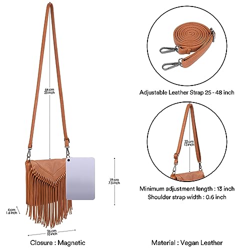 HDE Women's PU Leather Hobo Fringe Crossbody Tassel Purse Vintage Small Flap Envelope Handbag Western Sling Shoulder Bag - color: Caramel Brown