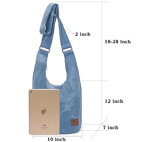 Coton Pose Women Hippie Crossbody Bag - Top Zip Large Capacity Canvas Sling Bag - Jacquard Cloth Handmade - color: Denim Blue
