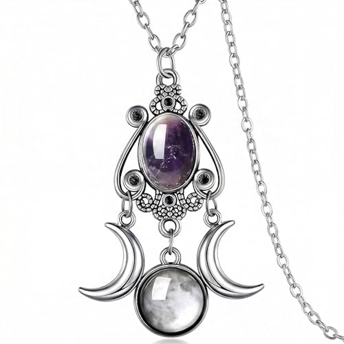 Gothic Vintage Gem Pendant Necklace | Victorian Style Filigree Silver-Tone Jewelry | Ideal Gift for Party Cosplay & Daily Wear - color: Purple Triple Moon