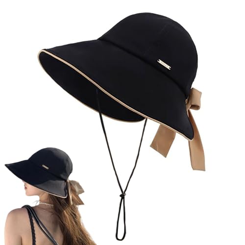 Wide Brim Hats for Woman Foldable Hats Sun Hats for Women uv Protection Bowknot Bucket hat Adjustable hat with Ponytail Hole - color: Black