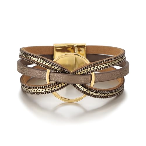 Edoneery Leather Wrap Bracelet for Women, Boho Handmade Multi-Layer Cuff with Crystal Beads Heart, Stackable Bangle Western Jewelry Gift - style: Circle(Brown)