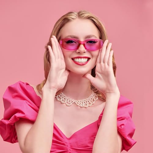 10 Pack Neon/Black Rectangle Sunglasses Bulk for Women Men Retro Trendy Small Rectangle Glasses Party Favors - color: Pink + Hotpink