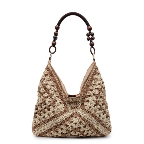 OANEXX Summer Straw Hobo Bags for Women Boho Woven Mesh Beach Tote Bag Large Capacity Crochet Vacation Shoulder Handbag - color: Deep Khaki