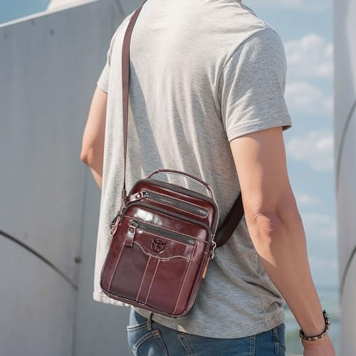 Leather Crossbody Bags for Men Casual Shoulder Bag Travel Messenger Bag Vintage Handbag Multi Pocket Satchel - color: Coffee