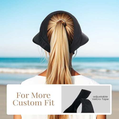 Sun Hats for Women, Wide Brim Beach Hats UV Protection, Packable Visor Ponytail Sunhat for Summer - color: Black