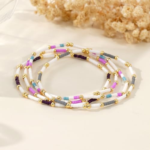 Dainty Gold Colorful Beaded Bracelets Stack for Women,4PCS Cute Bohemian Colorful Small Beads Stackable Stretch Bracelet Set Trendy Holiday Party Accessories Jewelry Gift Friendship - color: Purple