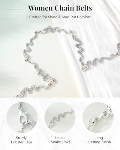 AWAYTR Cute Chain Belts for Women - Metal Waist Chain Belt for Dresses Jeans Country Concert Outfit - color: Silver-snake