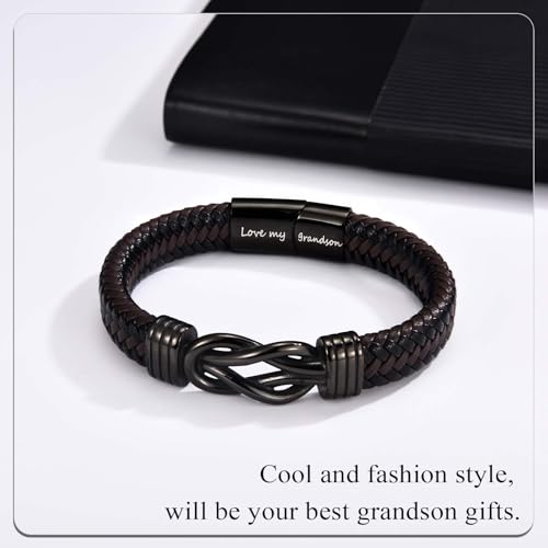 Infinity Knot Bracelet Leather Bracelet Gifts for Son Grandson Nephew Brother Dad Husband Uncle Grandpa Boyfriend, Easter Graduation Christmas Valentines Fathers Day Birthday Gifts for Boys Men Him - style: Grandson