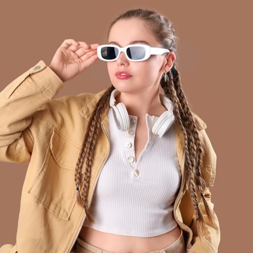 10 Pack Neon/Black Rectangle Sunglasses Bulk for Women Men Retro Trendy Small Rectangle Glasses Party Favors - color: White