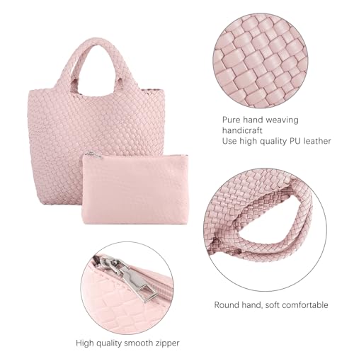 Handmade Woven Bag Satchel Handbag For Women Vegan Leather Tote Bag With Purses Travel Shoulder Bag Underarm Bag - color: Pink-a