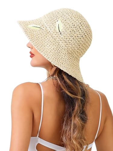 LA CARRIE Womens Sun Hat Floppy Packable Wide Brim UV Protection UPF 50+ Straw Hat with Embroidery for Summer Beach - color: Beige
