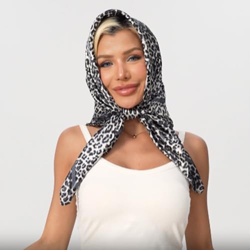 Leopard Print Head Scarf for Women Like Silk Satin Scarf for Hair Wrapping at Night Bandana Square Scarf 35 Inches - color: Gray