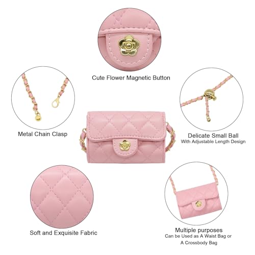 YAMEIZE Mini PU Leather Chain Belt Bag for Women Quilted Waist Purse Crossbody Fanny Pack Detachable Belt Chain - color: Pink 4.7x2.7 Inch