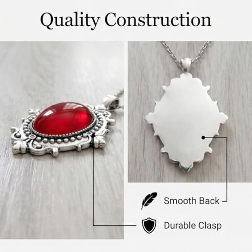 Gothic Vintage Gem Pendant Necklace | Victorian Style Filigree Silver-Tone Jewelry | Ideal Gift for Party Cosplay & Daily Wear - color: Red