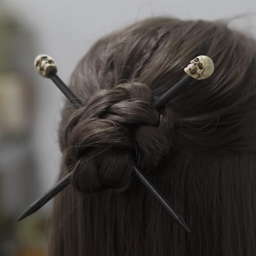 Gothic Skull Hair Sticks, 2 Pack – Halloween Cosplay Bun Holder Hair Chopsticks for Women, Matte-Black Skull Hair Pins for Witch/Vampire Costume, Goth Accessories