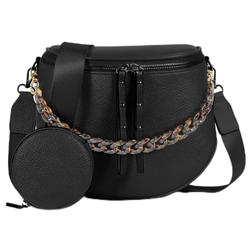 Crossbody Bags for Women, Large Vegan Leather Trendy Bum Bag - color: Black+amber Chain