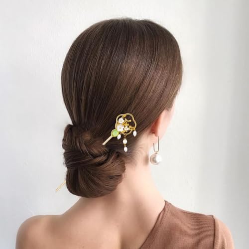 10PCS Gold Decorative Vintage Retro Pearl Gold Metal Hair Sticks Pins with Pendants Chinese Hanfu Asian Flower Butterfly Hair Chopsticks Hair Bun Updo Holders Long Thick Hair Accessories for Women