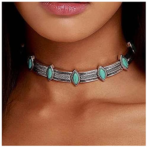 Vintage Turquoise Choker Necklace Silver Oval Turquoise Necklace Station Turquoise Bead Necklace Metal Chain Collar Necklace Jewelry for Women