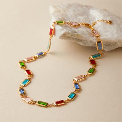 Dainty Colorful Glass Beaded Gold-Tone Choker Necklaces for Women Trendy Rectangular Clavicle Chain Adjustable Multicolor Handmade Gemstone Rainbow Bead Link Boho Y2k Statement Jewelry Party Prom - color: Colorful
