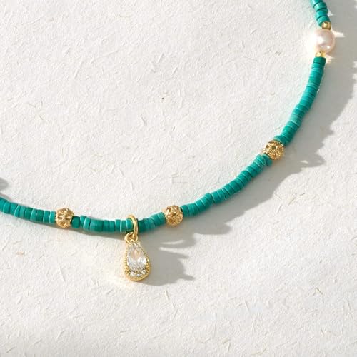 KissYan Beaded Choker Necklace for Women, Colorful Natural Gemstones Pearl Choker 14K Gold Plated Pendant Healing Crystal Necklace Handmade Stone Jewelry Gift - color: K-Turquoise Green