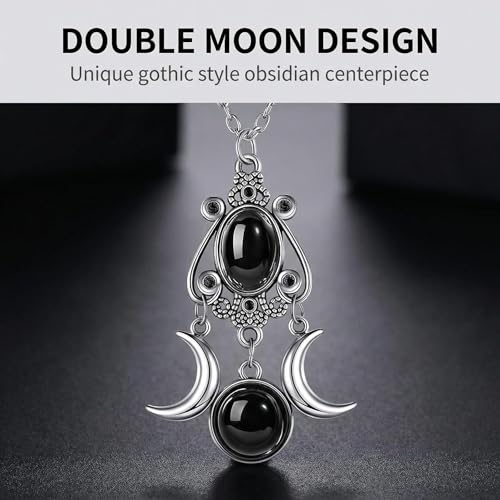 Gothic Vintage Gem Pendant Necklace | Victorian Style Filigree Silver-Tone Jewelry | Ideal Gift for Party Cosplay & Daily Wear - color: Black Triple Moon